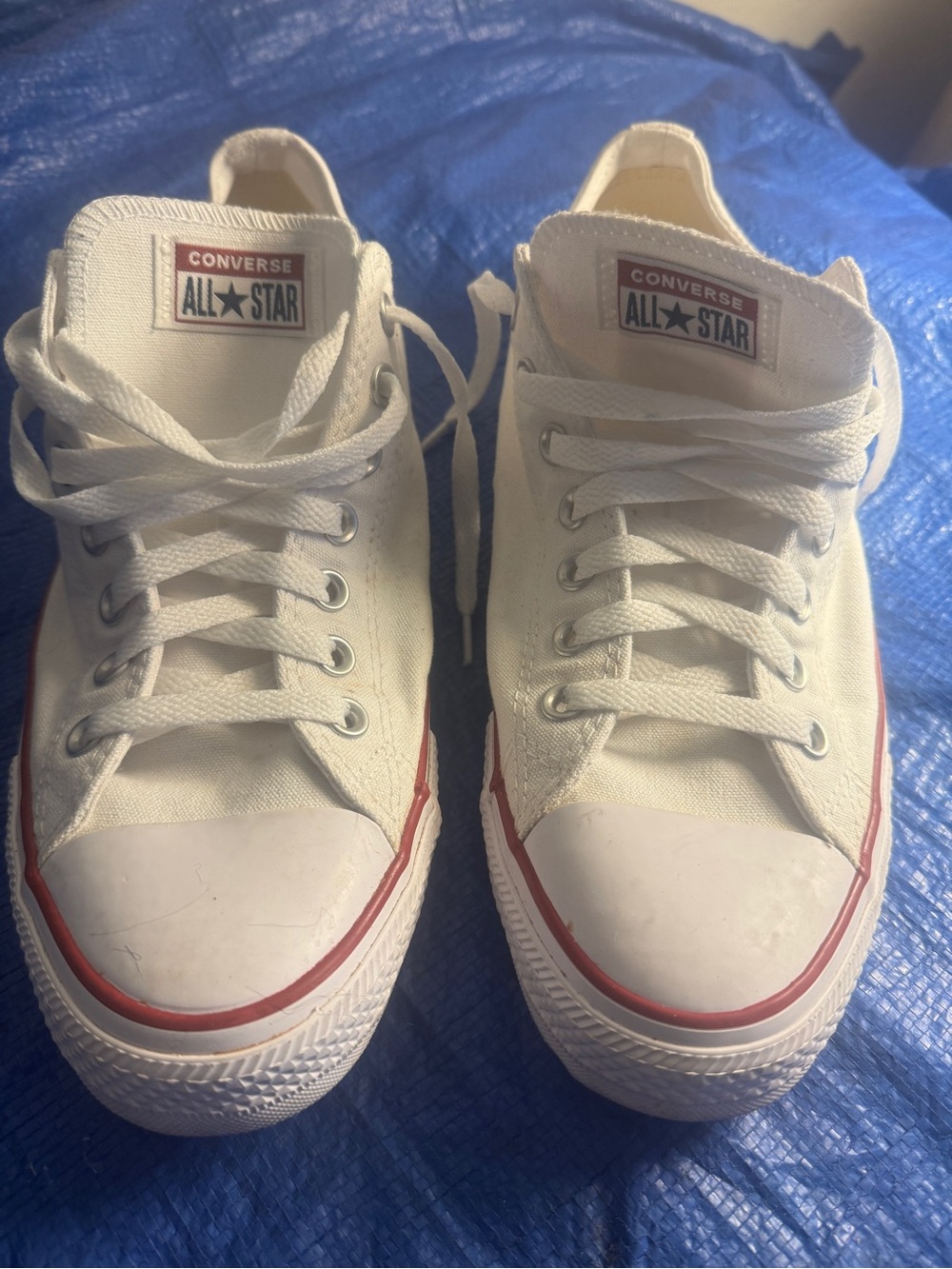 Converse Mens White Canvas Low Top Sneakers with Red and black Trim